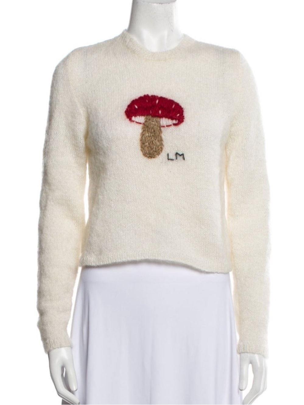 Lirika Matoshi Cream Fuzzy Sweater with Red Mushroom Embroidery